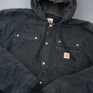 Carhartt Hooded Chore Coat Fleece Lined Black Work Jacket Men's L Pockets Blavk
